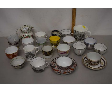 Grouped lot mainly early 19th Century Staffordshire tea cups, tea bowls and saucers in a variety of patterns