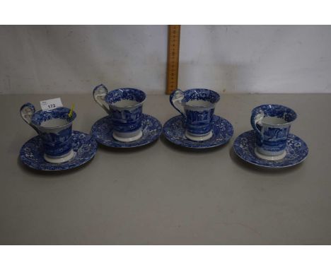 Four Copeland Spode blue Italian coffee cups and saucers