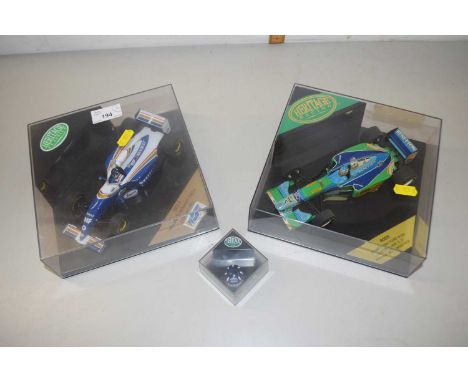 Boxed Heritage Classics Formula One Williams Renault and Benetton Ford cars and a further cased model helmet
