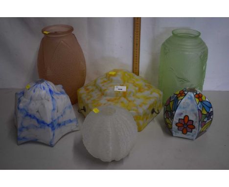 Mixed Lot: Early 20th Century coloured glass light shades together with two further pressed glass vases