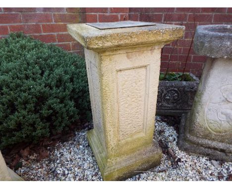 Garden stoneware - a rectangular column with sundial plaque to the top, approx 65 cm (h) x 33 cm x 33 cm