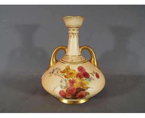 Royal Worcester - A Royal Worcester blush ivory squat vase with twin loop handles, shape 1747, having floral decoration with 