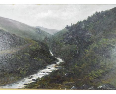 A framed oil on board depicting a landscape scene of a valley, signed lower right by the artist K Dawson, approximately 24 cm