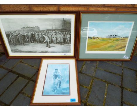 Three framed sporting related prints to include a limited edition cycling print by Jeremy Mallard and two golfing themed, one