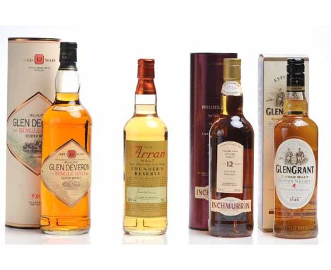 GLEN DEVERON AGED 12 YEARS
Highland Single Malt Scotch Whisky. 1L, 43% volume, in tube. 
INCHMURRIN AGED 12 YEARS
Highland Si