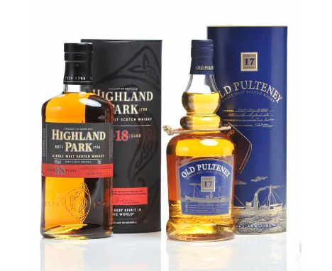 HIGHLAND PARK AGED 18 YEARS
Highland Single Malt Scotch Whisky. 70cl, 43% volume, in tube. 
OLD PULTENEY AGED 17 YEARS - OLD 