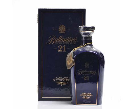 BALLANTINE'S 21 YEAR OLD Bended Scotch Malt Whisky, in blue Wade ceramic decanter, 70cl, 43% volume. In presentation box.
