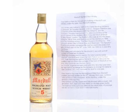 MACDUFF 5 YEARS OLD Highland Single Malt Scotch Whisky. Bottled in Scotland by Douglas Hamilton &amp; Co. (Glasgow) Ltd. This