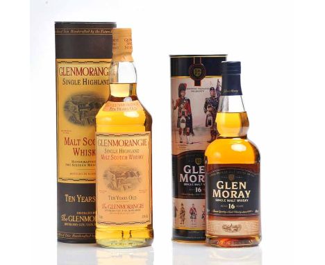 GLENMORANGIE TEN YEARS OLD Highland Single Malt Scotch Whisky. 1L, 43% volume, in tube. GLEN MORAY AGED 16 YEARS Speyside Sin