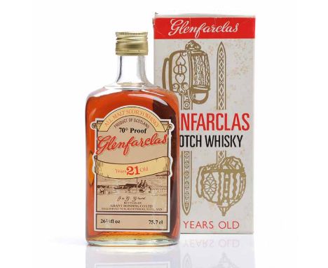 GLENFARCLAS 21 YEAR OLD
Highland All Malt Scotch Whisky in older style square bottle. 26 2/3 fl.oz./75.7cl, 70° Proof, in car