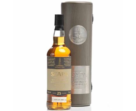SCAPA 1980 AGED 25 YEARS Highland Single Malt Scotch Whisky. Distilled at the Scapa Distillery, Orkney. Bottle no. 00491 of 2