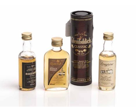 FOUR SINGLE MALT SCOTCH WHISKY MINIATURES
To include: Glenfiddich Classic, Longrow 1973, Rosebank 17 Years Old, Clynelish 12 