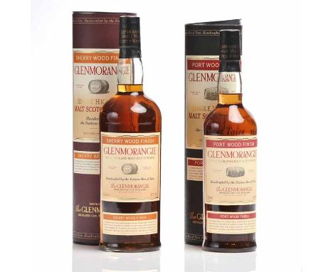 GLENMORANGIE PORT WOOD FINISH Highland Single Malt Scotch Whisky. 70cl, 43% volume, in tube. GLENMORANGIE SHERRY WOOD FINISH 