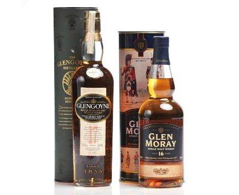 GLENGOYNE 17 YEARS OLD
Highland Single Malt Scotch Whisky. 70cl, 43% volume, in tube. 
GLEN MORAY AGED 16 YEARS
Speyside Sing