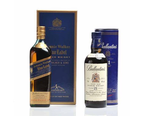 JOHNNIE WALKER BLUE LABEL 
Blended Scotch Whisky. Distilled, blended and bottled by John Walker & Sons, Kilmarnock, Scotland.