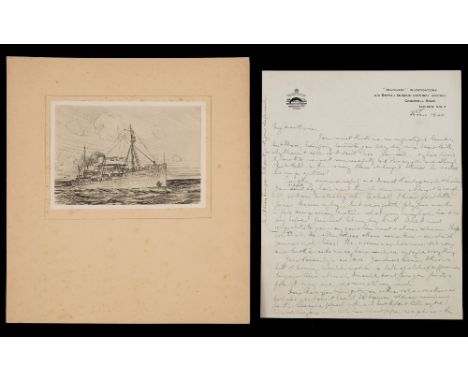 Discovery II, a portrait print of the ship after the engraving by A W B Powell 1932:, with a two page manuscript letter on Di