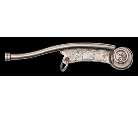 A silver bosun's whistle: with engraved vane and foul anchor decorated barrel, 10cm long.