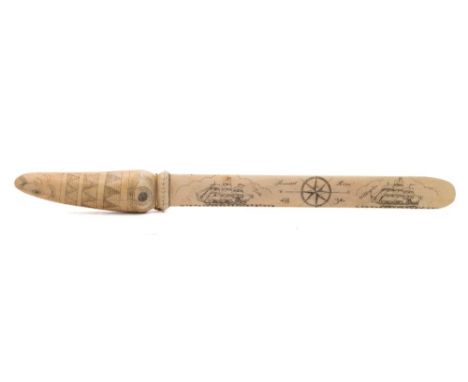 A 19th century scrimshaw page turner:, the blade decorated to one side with a compass and inscribed 'Samuel Keen 1831', flank