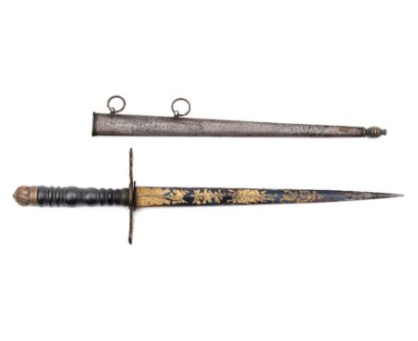 A Georgian Naval dirk:, the 21.5cm flattened oval double edge blade with gilt militaria and blued steel decoration, cast bras