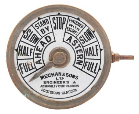 A ship's engine room telegraph dial by Mechan & Sons, Glasgow:, the white enamel dial signed as per title, in a circular case