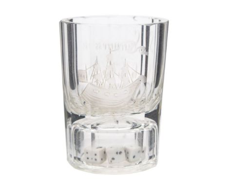 An early 19th century gambling  glass engraved 'Success to The Renown' to one side:, a ship portrait to the other, faceted bo