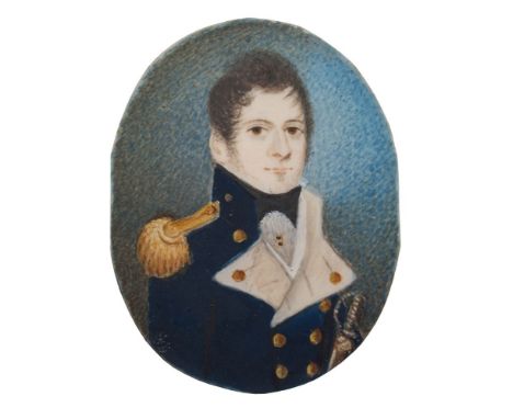 English School Circa 1800-A miniature portrait of a young officer,:-bust-length, wearing a navy blue tunic and holding a swor