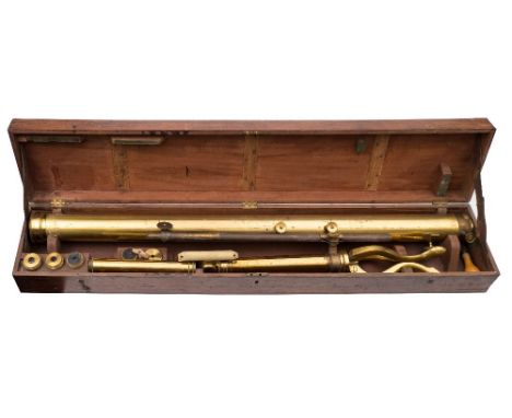 A 3 inch lacquered brass refracting library telescope by Dollond, London:, the 43 inch main tube with rack and pinion focusin