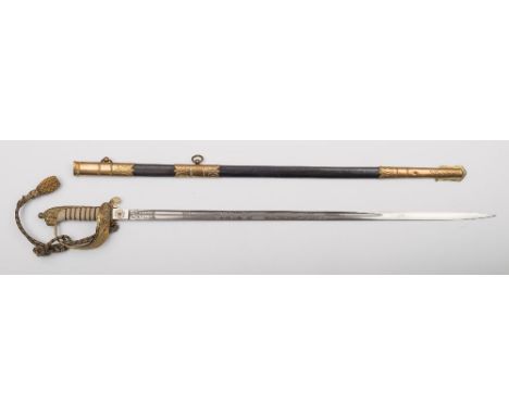 A Royal Navy regulation pattern Officer's dress sword:, the straight single edge blade with acid etched decoration, crown and