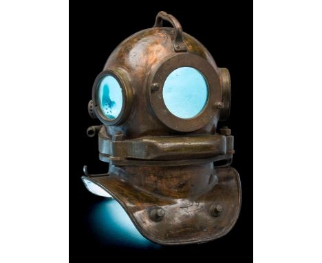 A Russian three bolt helium re-breather diving helmet:, the bonnet with handle to the top, three circular observation windows