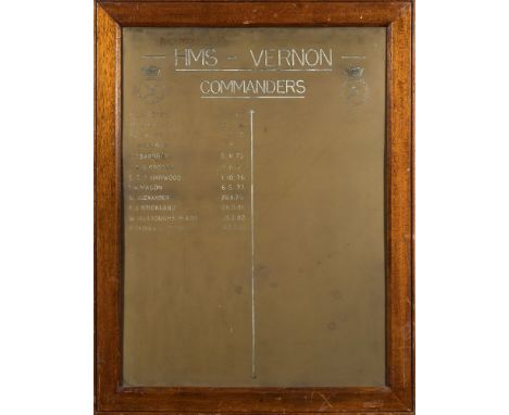 HMS Vernon (Shore establishment). Two framed brass plaques with a list of Commanders from 1876 to 1986:, with crest to upper 