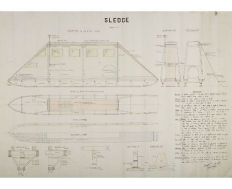 A scale plan for a 'covered polar sledge design' by F E Davies dated '6th April 1920': on cartridge paper, 64cm. x 86cm.; tog