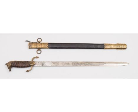 A George V Royal Navy dirk, 1915 pattern:, the straight blade with etched crown and foul anchor decoration over brass hilt wi