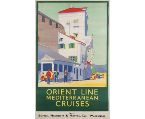 An 'Orient Line Mediterranean Cruises' advertising poster of a village scene. monogrammed 'KB' to lower right corner, agent's