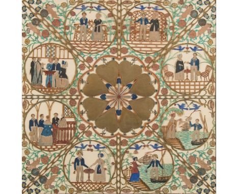 A late 19th century sailor's cut paper work Valentine:, the central rosette of gold painted hearts and foul anchors surrounde