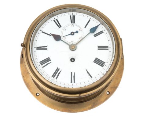 A ship's brass bulkhead clock:, unsigned, the single fusee movement with white enamel dial with Roman numerals and subsidiary