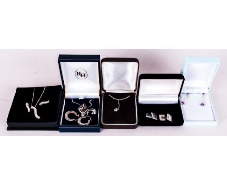 Collection Of Jewellery Comprising Gents Engine Turned Cufflinks, Silver Stone Set Earrings, Pendants And Chains