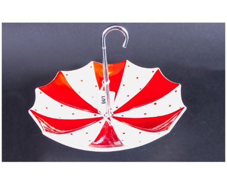 Midwinter Umbrella Cake Dish decorated in red, handle in crowned metal. 8'' in diameter.