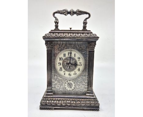 A French late 19th century silver plated 8 day repeater striking carriage clock, with alarm dial striking on the gong, moveme