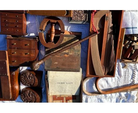 A large and interesting collection of woodenware and treen to include, Burmese bookends, 1924 wooden toy Tudor house, Knobker