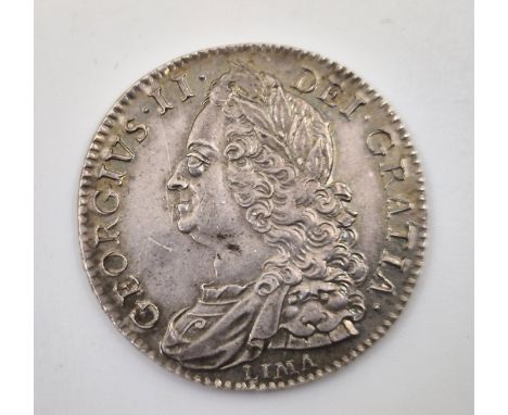 A George II 1746 Lima halfcrown, S 3695A, obv. old laur. and dr. bust LIMA below but reads GOORGIVS,&nbsp;edge D.NONO. (EF)