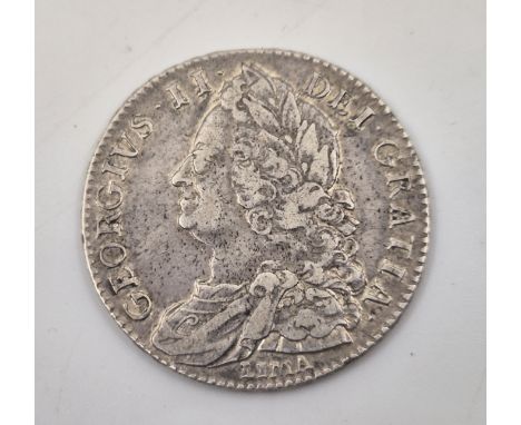 A George II 1746 Lima Halfcrown, S 3695A, obv. old laur. and dr. bust LIMA below reads GEORGIVS, edge D.NONO. (AVF)