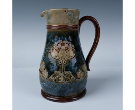 A blue vase with brown ring accents, decorated with low relief art of pink flowers and their green stems and foliage. Royal D