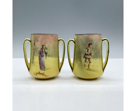 Beautiful duo of double handled pitcher mugs featuring Ophelia and Orlando on the second mug. Royal Doulton backstamp. Each m