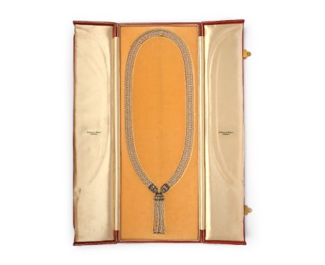 A paste and artificial pearl sautoir, 80cm long, suspending a conforming tassel, in a fitted leather Fortnum &amp; Mason box