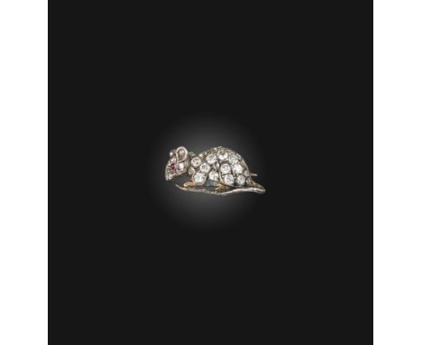 A Victorian diamond-set mouse brooch, pave-set with graduated old circular-cut and rose-cut diamonds, with a cabochon ruby ey