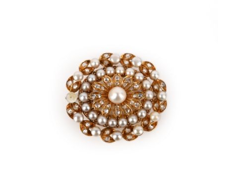 A Victorian pearl and diamond brooch, mid 19th century, of oval outline, the centre of floral design, to an outer laurel wrea