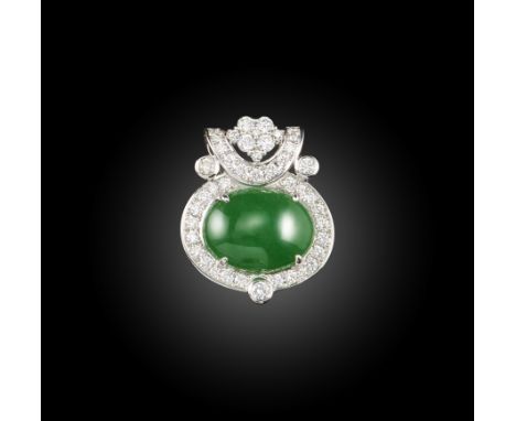 A jade and diamond pendant, the oval jade cabochon set within a surround of diamonds, suspending from a further diamond-set b