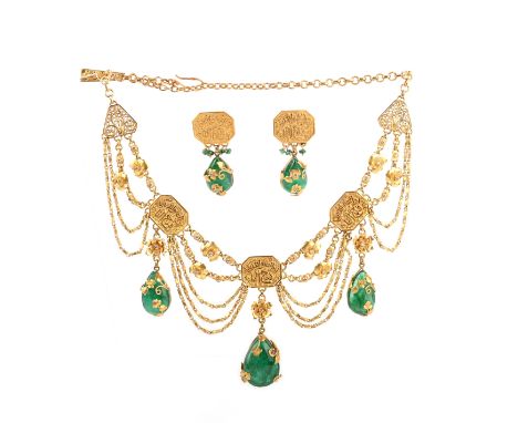 A gold, emerald and diamond demi-parure, comprising: a gold necklace, the front of festoon design, composed of chain, floral 