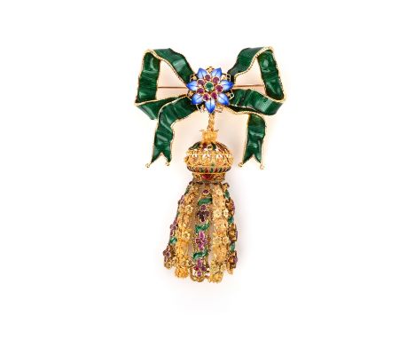 A Regency gold tassel pendant, decorated with polychrome enamel and ruby quatrefoils in pierced canetille surround, suspendin