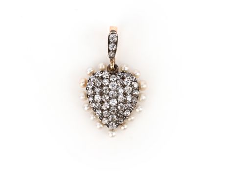 A late Victorian pearl and diamond heart pendant, the heart pave-set with graduated cushion-shaped diamonds within a surround